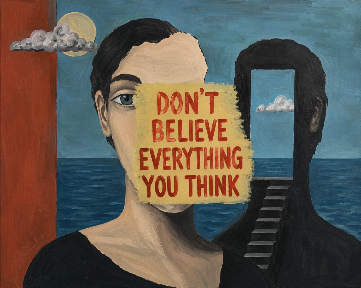 Don't Believe Everything You Think — a figure whose face is covered by a painted sign, surreal seaside landscape with UFO and staircase