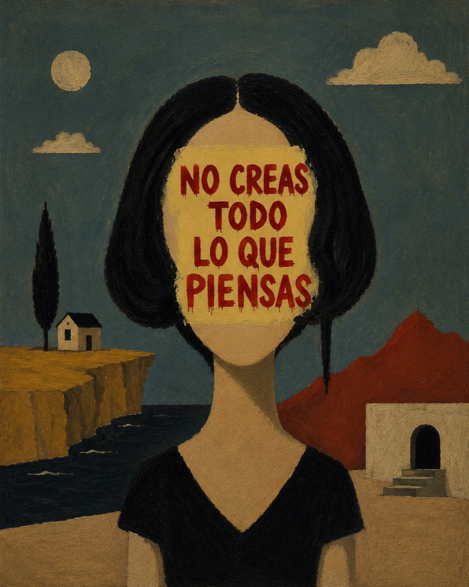 No Creas Todo Lo Que Piensas — a figure whose face is covered by a painted sign in Spanish, night landscape with cliff and sea